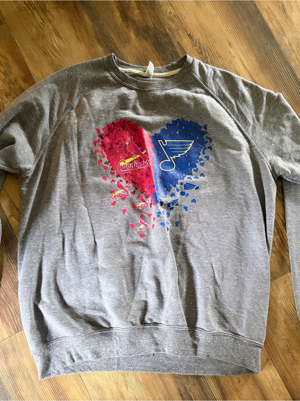 Jerzees Gray Crewneck With Red And Blue Split-Heart Sports Graphic
